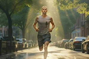 Running man jogging on city street at sunrise. Sport fitness model caucasian ethnicity training outdoor. ai generated pro photo