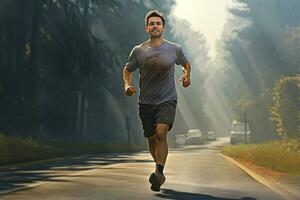 Running man jogging on city street at sunrise. Sport fitness model caucasian ethnicity training outdoor. ai generated pro photo