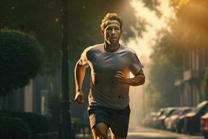 Running man jogging on city street at sunrise. Sport fitness model caucasian ethnicity training outdoor. ai generated pro photo