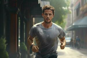 Running man jogging on city street at sunrise. Sport fitness model caucasian ethnicity training outdoor. ai generated pro photo