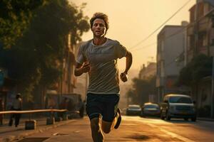 Running man jogging on city street at sunrise. Sport fitness model caucasian ethnicity training outdoor. ai generated pro photo