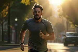 Running man jogging on city street at sunrise. Sport fitness model caucasian ethnicity training outdoor. ai generated pro photo