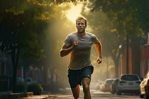 Running man jogging on city street at sunrise. Sport fitness model caucasian ethnicity training outdoor. ai generated pro photo