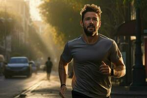 Running man jogging on city street at sunrise. Sport fitness model caucasian ethnicity training outdoor. ai generated pro photo