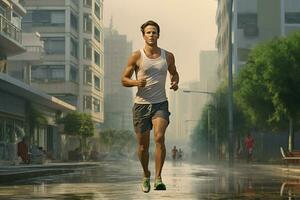 Running man jogging on city street at sunrise. Sport fitness model caucasian ethnicity training outdoor. ai generated pro photo