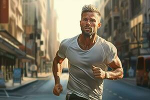 Running man jogging on city street at sunrise. Sport fitness model caucasian ethnicity training outdoor. ai generated pro photo