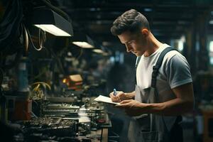 Technician working with mobile phone at night in the factory. Technology concept. ai generated pro photo