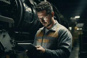 Technician working with mobile phone at night in the factory. Technology concept. ai generated pro photo