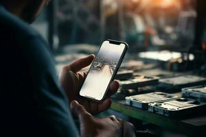 Technician working with mobile phone at night in the factory. Technology concept. ai generated pro photo