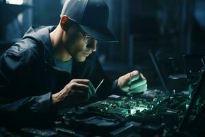 técnico trabajando con móvil teléfono a noche en el fábrica. tecnología concepto. ai generado Pro foto