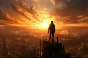 hombre en pie en parte superior de el montaña y mirando a el ciudad. ai generado Pro foto