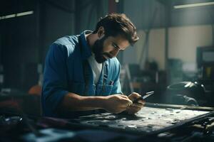 Technician working with mobile phone at night in the factory. Technology concept. ai generated pro photo