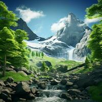 Fantasy landscape with a waterfall and a bird flying in the sky. ai generated photo