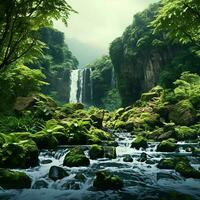 fantasía paisaje con un cascada y un pájaro volador en el cielo. ai generado foto