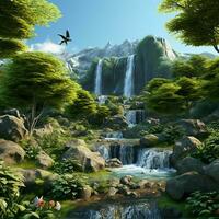 Fantasy landscape with a waterfall and a bird flying in the sky. ai generated photo