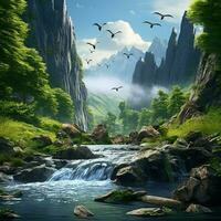 Fantasy landscape with a waterfall and a bird flying in the sky. ai generated photo