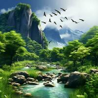 Fantasy landscape with a waterfall and a bird flying in the sky. ai generated photo
