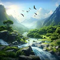Fantasy landscape with a waterfall and a bird flying in the sky. ai generated photo