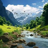 Fantasy landscape with a waterfall and a bird flying in the sky. ai generated photo