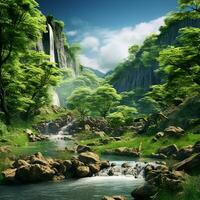 Fantasy landscape with a waterfall and a bird flying in the sky. ai generated photo