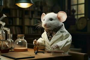 Cute white rat in a lab coat on a dark background. ai generated pro photo