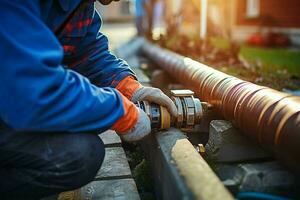 Close-up of a plumber repairing pipes in a building. ai generated pro photo