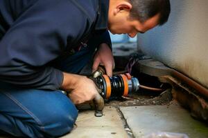 Close-up of a plumber repairing pipes in a building. ai generated pro photo