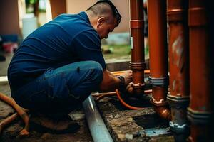 Close-up of a plumber repairing pipes in a building. ai generated pro photo