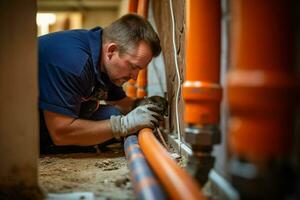 Close-up of a plumber repairing pipes in a building. ai generated pro photo