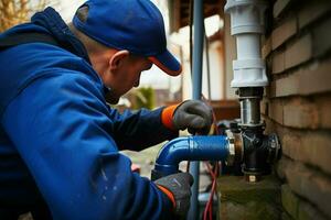 Close-up of a plumber repairing pipes in a building. ai generated pro photo