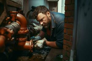 Close-up of a plumber repairing pipes in a building. ai generated pro photo