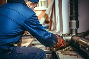 Close-up of a plumber repairing pipes in a building. ai generated pro photo