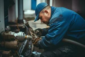 Close-up of a plumber repairing pipes in a building. ai generated pro photo