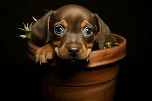 Cute puppy in a clay pot with lettuce on a black background. ai generated pro photo