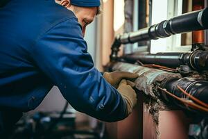 Close-up of a plumber repairing pipes in a building. ai generated pro photo