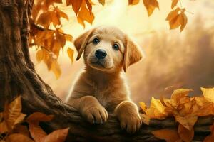 Cute golden retriever puppy sitting on tree trunk in autumn forest. ai generated pro photo