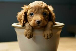 Cute puppy in a clay pot with lettuce on a black background. ai generated pro photo