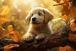 Cute golden retriever puppy sitting on tree trunk in autumn forest. ai generated pro photo