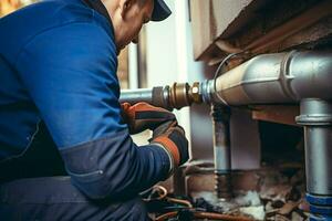 Close-up of a plumber repairing pipes in a building. ai generated pro photo