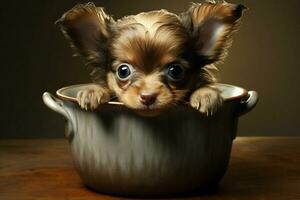 Cute puppy in a clay pot with lettuce on a black background. ai generated pro photo