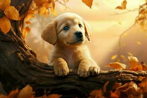 Cute golden retriever puppy sitting on tree trunk in autumn forest. ai generated pro photo