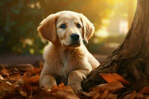 linda dorado perdiguero perrito sentado en árbol maletero en otoño bosque. ai generado Pro foto