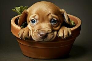 linda perrito en un arcilla maceta con lechuga en un negro antecedentes. ai generado Pro foto