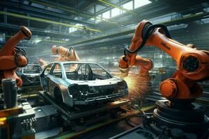 Automotive assembly line. Assembly line of automobile factory. Electric car production line. ai generated pro photo