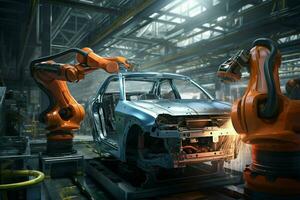 Automotive assembly line. Assembly line of automobile factory. Electric car production line. ai generated pro photo