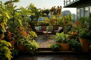 garden with furniture and flowers in the city of Bangkok. ai generated pro photo