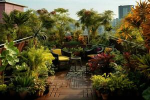 garden with furniture and flowers in the city of Bangkok. ai generated pro photo