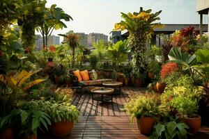 garden with furniture and flowers in the city of Bangkok. ai generated pro photo