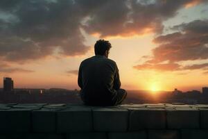 Man sitting on the edge of a wooden table looking at the sunset. ai generated pro photo
