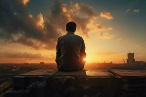 Man sitting on the edge of a wooden table looking at the sunset. ai generated pro photo